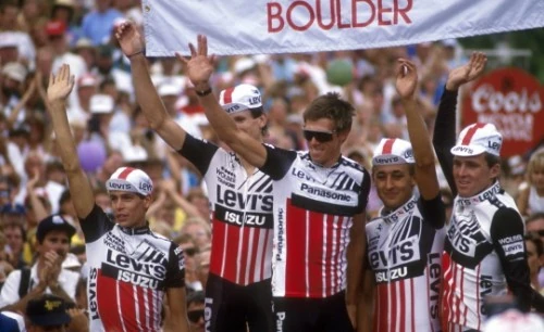 We won the team GC overall that year. This is Andy Hampsten, me, Phil, Roy Knickman and Thurlow Rogers at North Boulder Park after the final stage.