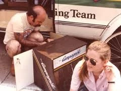 And a really old photo of Bill Woodall, looking through the drawers of a Campy parts cabinet.