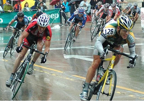 Racing in the rain is a different story. Here is a photo of the last corner of Elite Criterium Nationals from 2007.