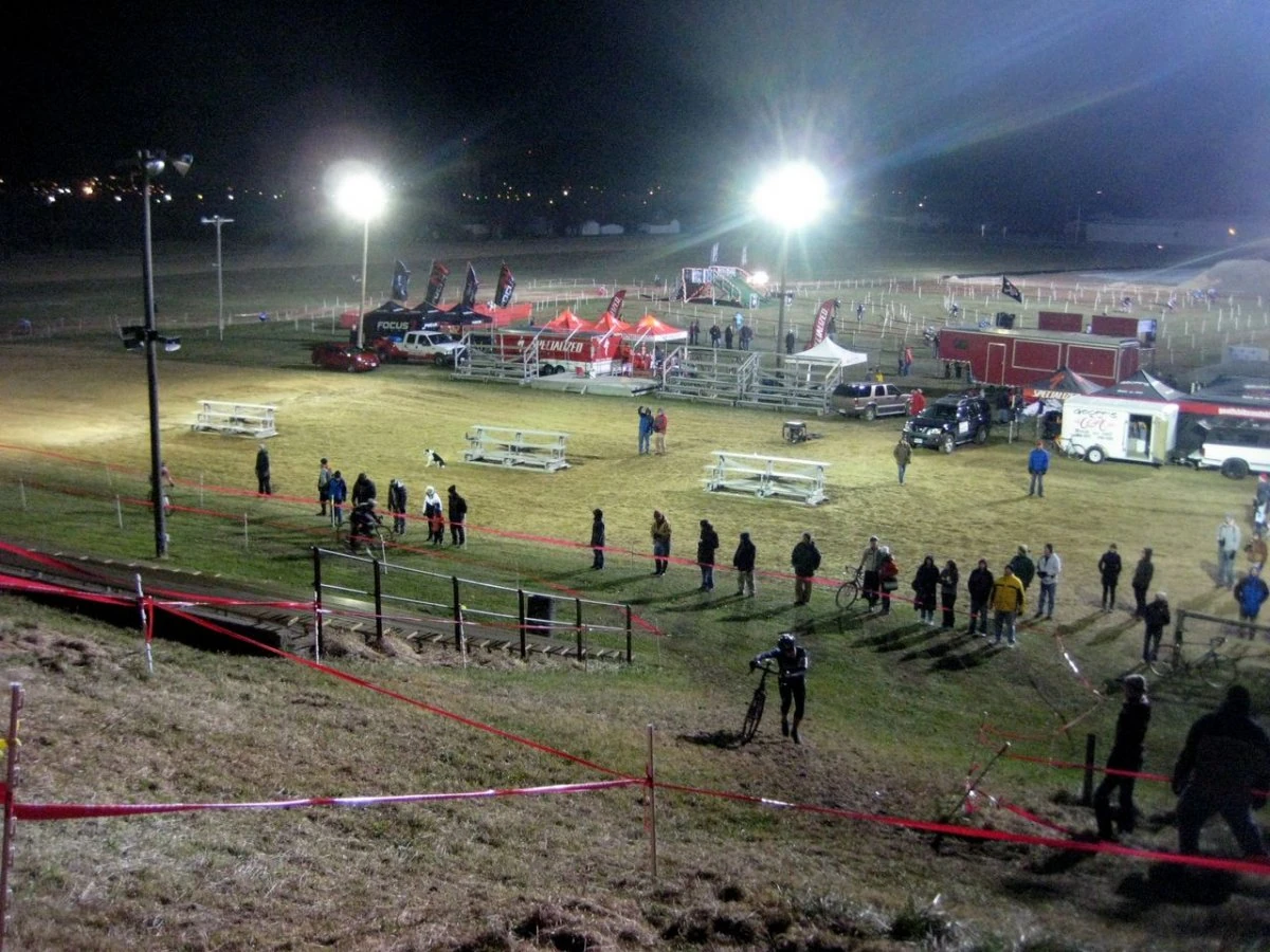 This is the hill, the course went up by the bleachers turned right and then descended on the off-camber hillside.