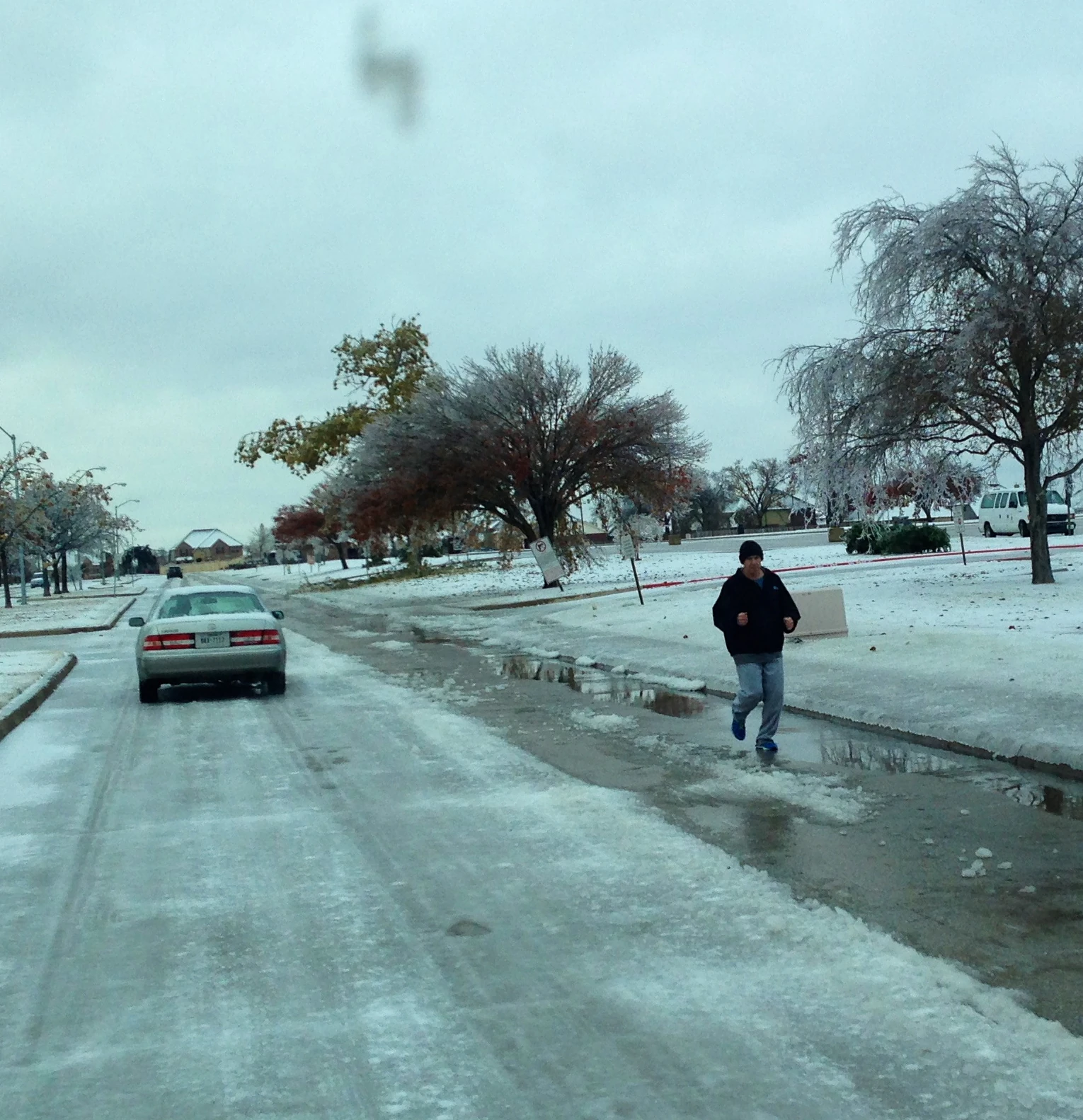 This guy went out running about the last chance he could have. The roads are 100 times worse now. 