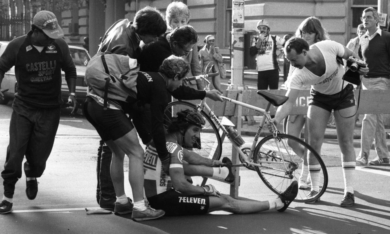 I&rsquo;m not sure where this photo was taken. It must have been early when the 7-11 guys were riding Schwinn bikes. Man, does that bike look old.