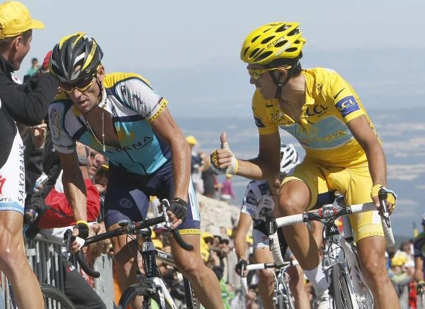 Alberto and Lance climbing the Ventoux. Alberto looks pretty stressed, huh?