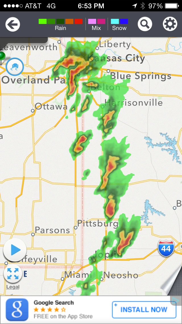 I-49, the road we were driving is directly under this line of storms. I love thunderstorms in the Midwest. I just don&rsquo;t like driving in them.