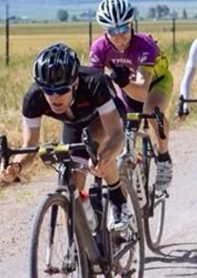 I clipped this photo from Facebook. Here Levis is leading a line of riders. I guess the guy at 2nd isn’t happy with Levi’s weekend fun ride pace. What a great photo.