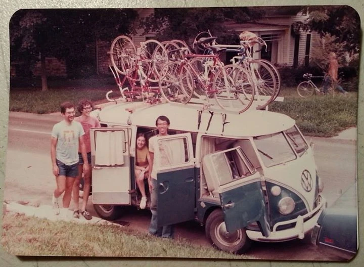 Cal, far left, with Brian Koeningsdorf, Dee and Gene Wee. It was Cal&rsquo;s VW bus.