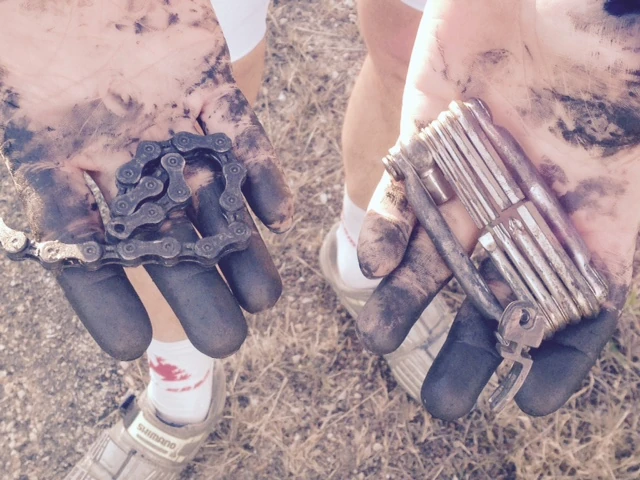 Bill&rsquo;s hand after making his bike a singlespeed when his rear derailleur exploded.