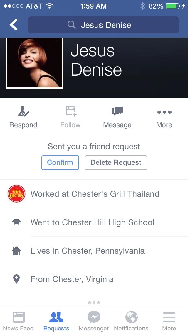 Got this friend request on Facebook. Vincent said it is computer generated. Not sure why her name isn’t Jesus Chester or Chester Denis or something.