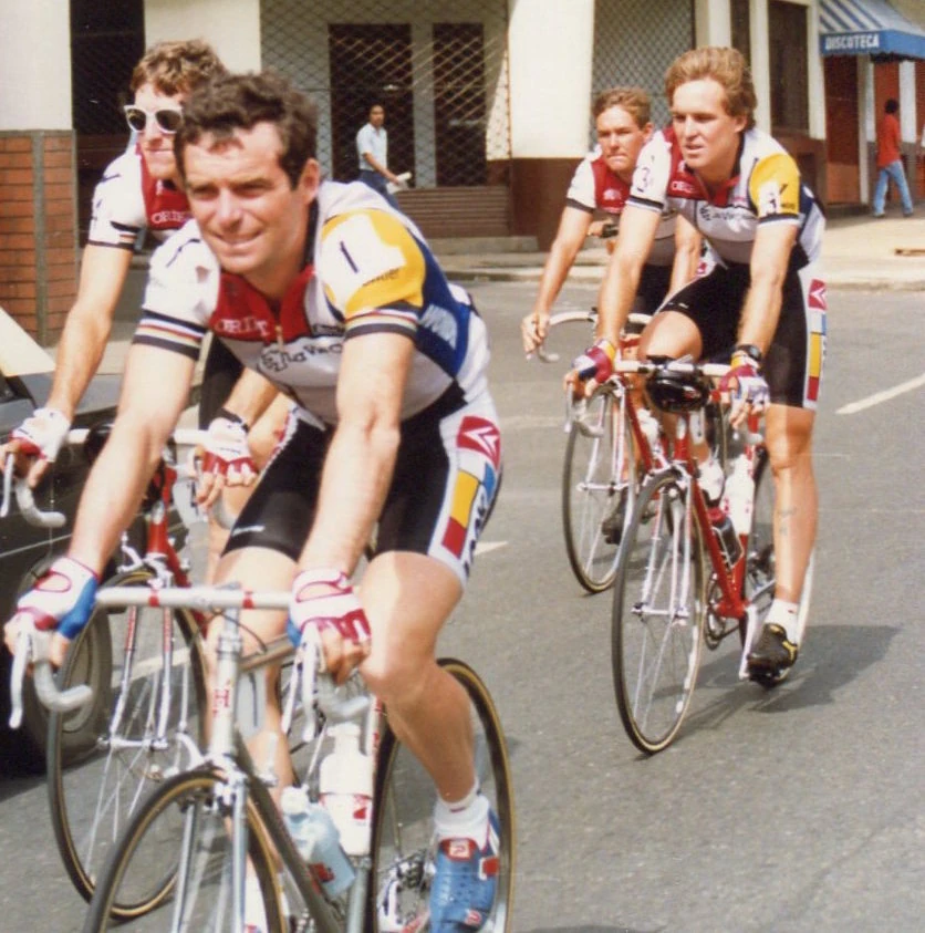 The remains of the La Vie Claire team riding to the start of a stage of the RCN. I&rsquo;m behind Hinault. Thurlow Rogers is behind him.