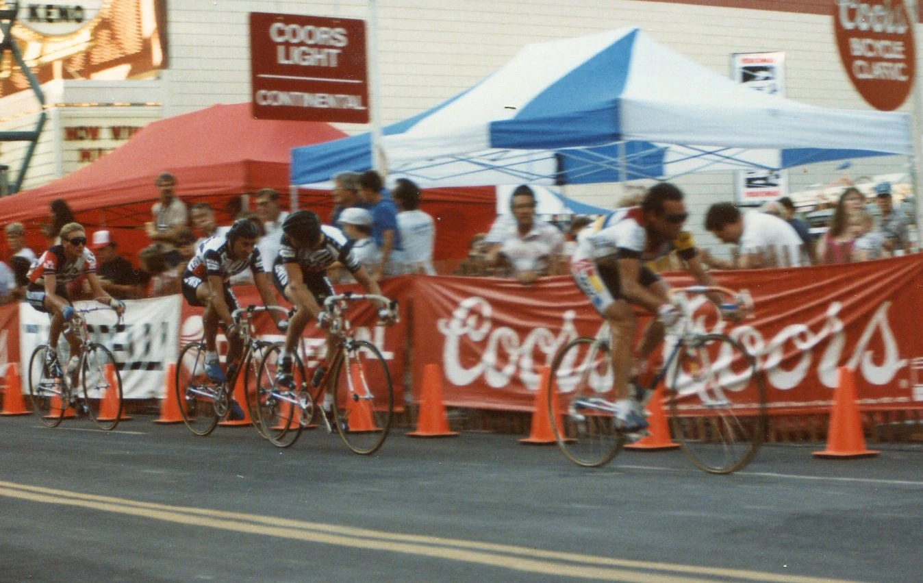 This is a picture of the Reno Criterium, probably 6-8 laps in. Hinault had pulled the whole time, close to 30 mph. I&rsquo;m looking back, with Roy on my wheel. It was pretty fun.