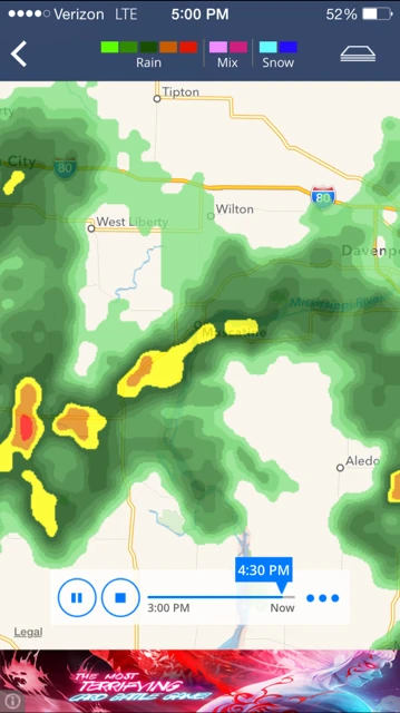 Muscatine during race time. The word Muscatine is under the top yellow on the map.
