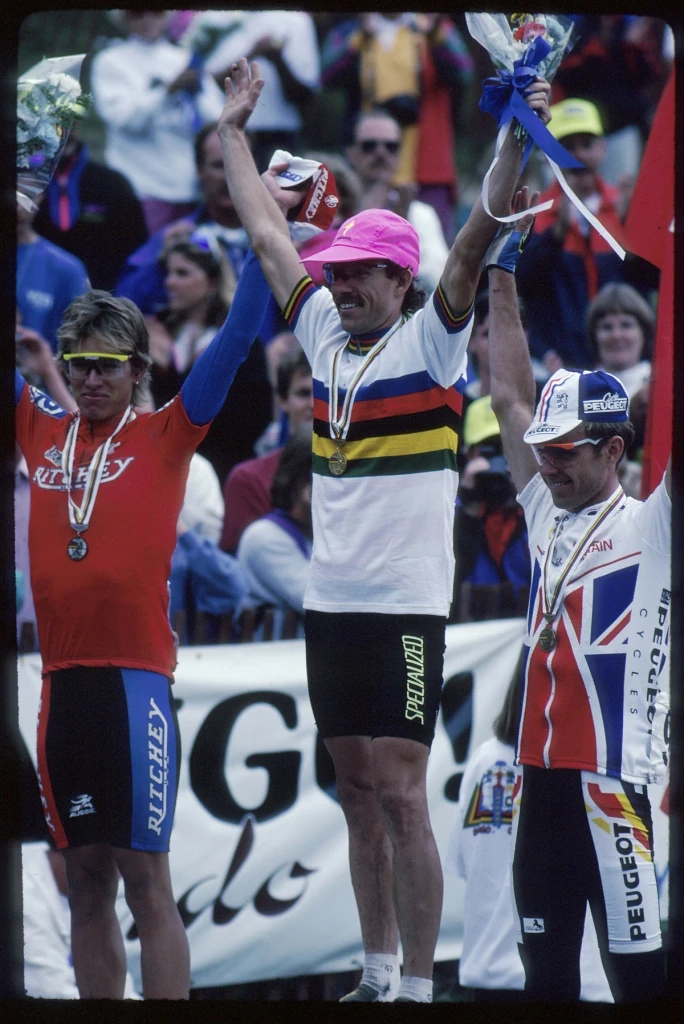 The podium from the 1990 Worlds. Thomas Frischnecht, Ned and Tim Gould. 