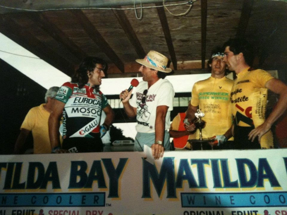 I was fortunate to win a few stages of Superweek over my lifetime. I&rsquo;m in yellow. Gag (Roberto) is being interviewed by Eddy. Otto obscured. 