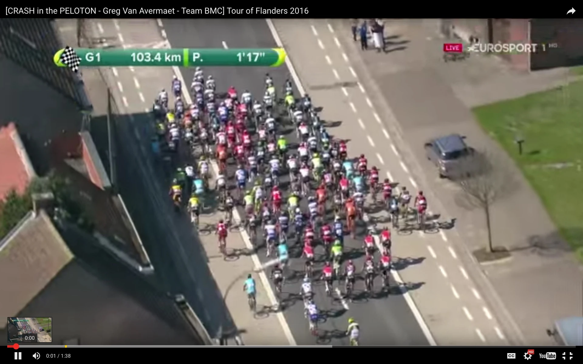 Look in this screen shot of the video how many teams are riding &ldquo;in formation&rdquo; on the interior of the peleton, riders on both sides of them. How impossible is it to follow one rider through the field for the whole race. Really impossible.