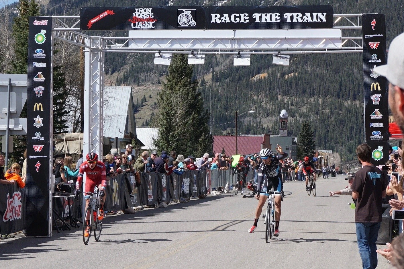 How about this photo, crash at the finish of Iron Horse yesterday. Ned is back on the right, finishing in 3rd, Todd Wells of the left in 4th. Haven&rsquo;t talked to anyone about it to see what happend.