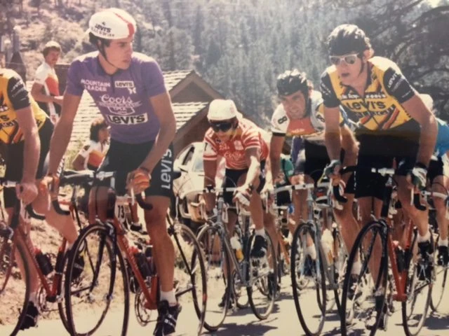 I was looking for pictures yesterday and found these. This is me and Andy (Hampsten) at the Coor&rsquo;s Classic. Bernard Hinault and Greg Lemond are behind/between us.