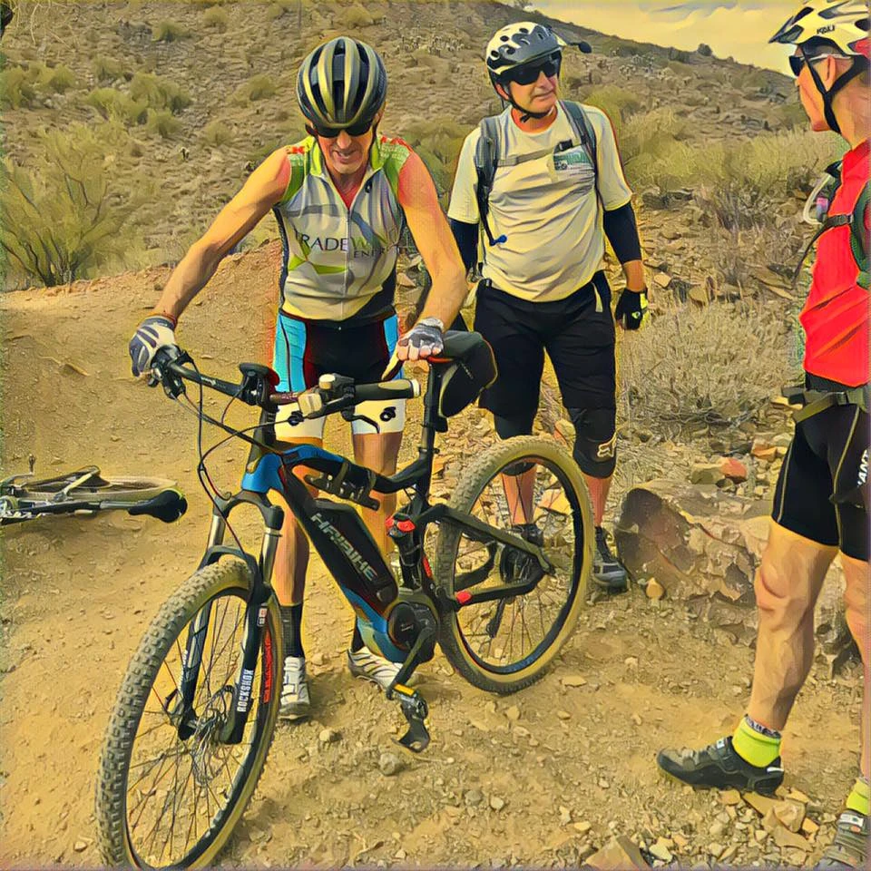 Vincent&rsquo;s artsy photo of me about ready to take Steve&rsquo;s bike out for a test ride.